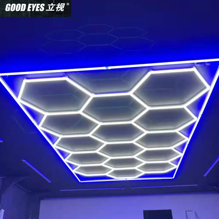 Blue Colored Frame Hexagon Led Garage Light Ceiling Lamp Tubes for Auto Detailing Car Body Repair Workshop Gaming Wall Panels