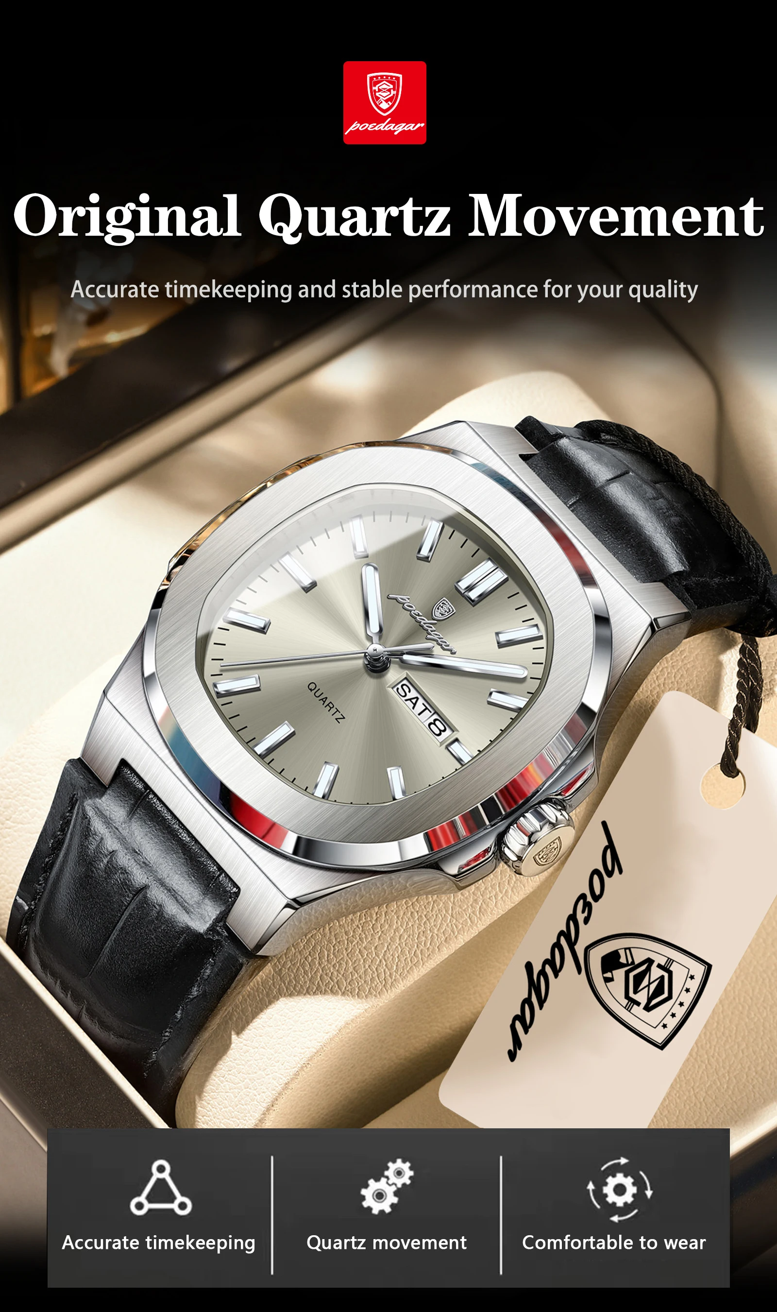 POEDAGAR Top Casual Herrenuhr Leuchtend Wasserdicht Leder Business Herren-Armbanduhr mit Wochentag und Datum Quarz Mode Herrenuhren Reloj – Detail 6