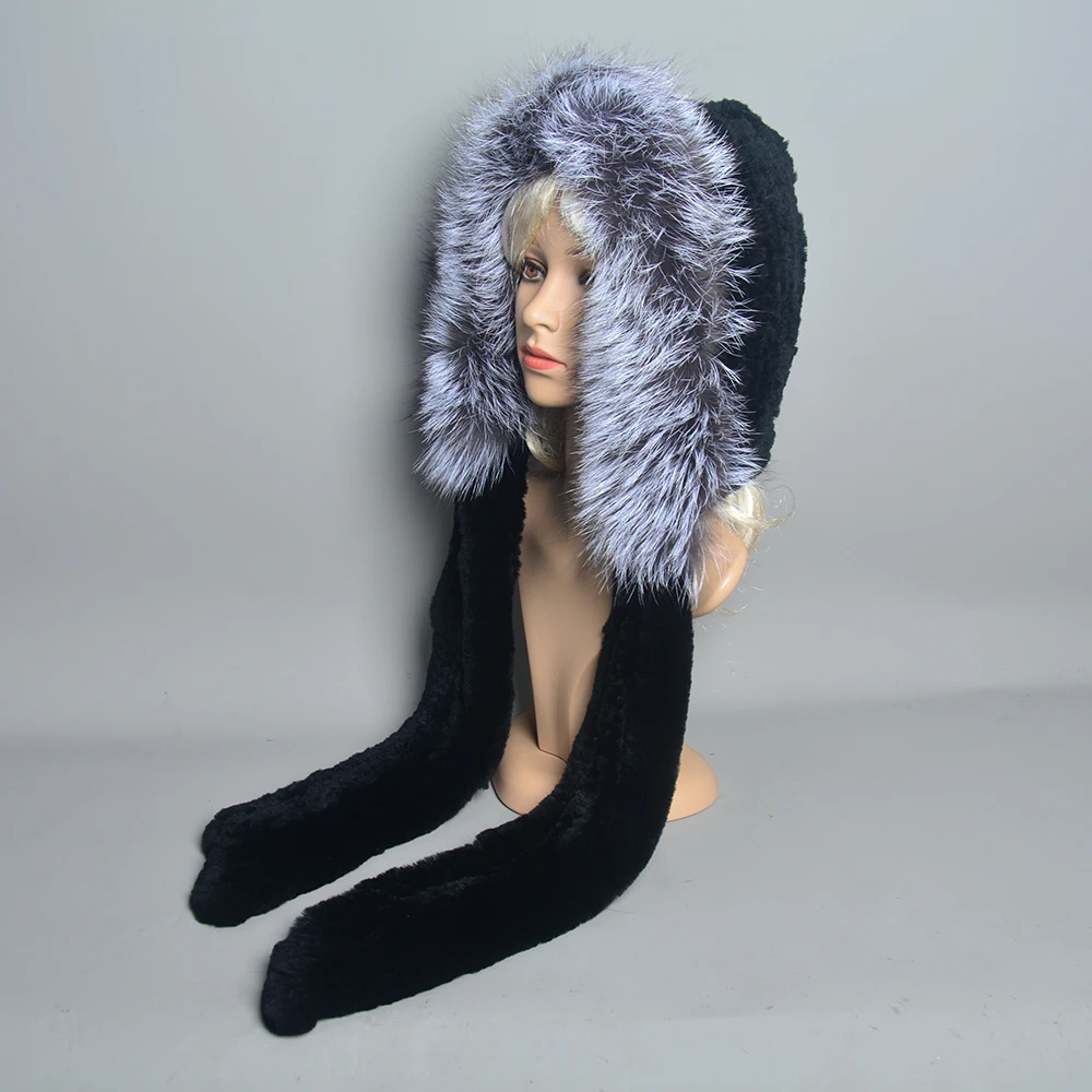 Luxury Women New Knit Real Rex Rabbit Fur Hat Hooded Scarf Winter Warm Lady Real Fox Fur Cap Natural Fur Hat With Neck Scarves