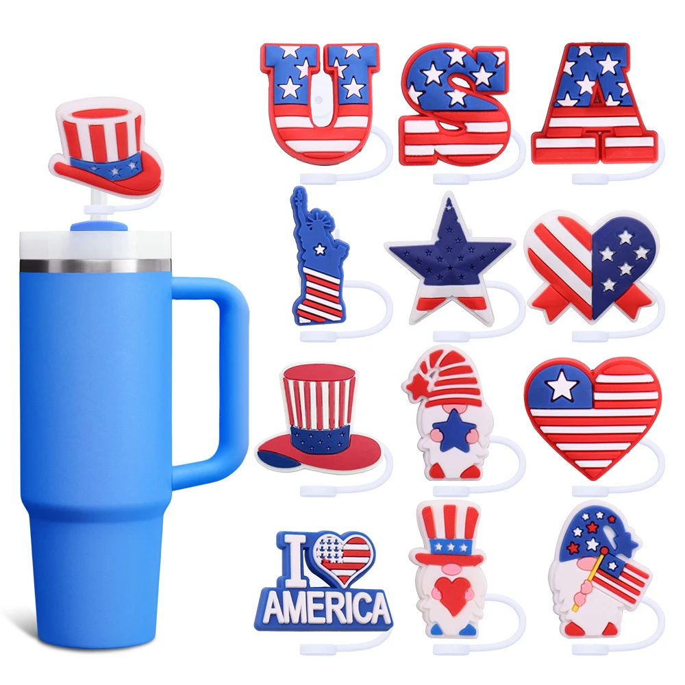 America Independent Day Straw Cover Cap 10MM Eco-friendly Straw Plug Splash Proof Drinking Cup Charms Pendent Home Party Gift