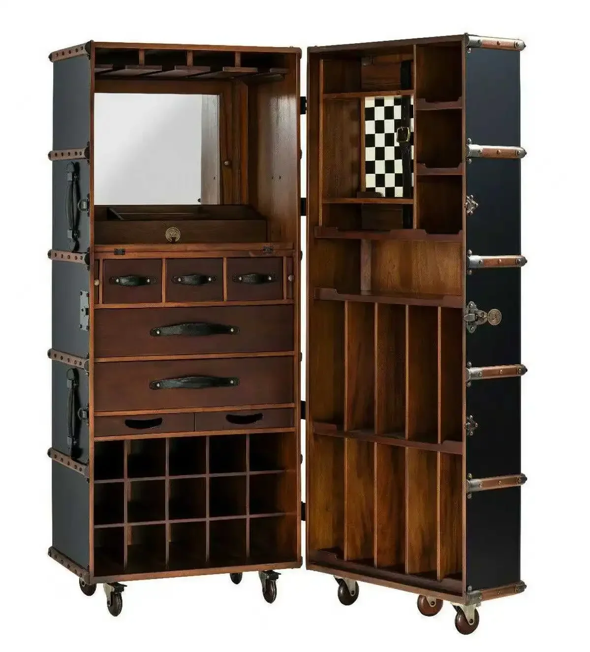 JJLight Luxury Solid Wood Wine Cabinet Locker Household Retro Nostalgic Style Floor Mobile Wine Cabinet