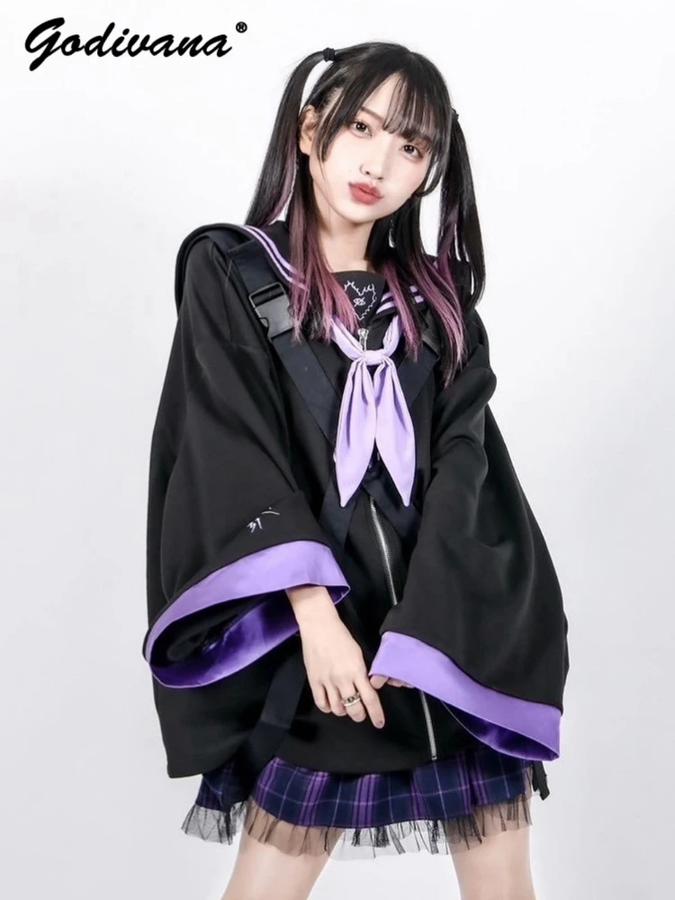

Japanese Harajuku Personalized Embroidery Loose Zipper Jacket Women's Navy Collar Flare Sleeves Purple Black Straps Jacket Coats