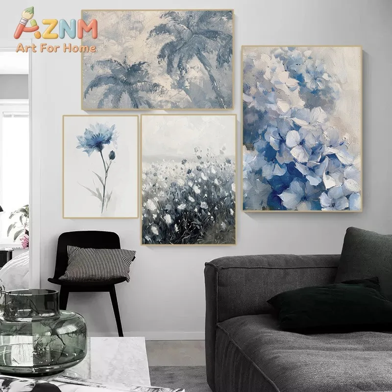 AZNM Blue Vintage Canvas Wall Art Hydrangea Floral Ocean Seascape Mediterranean Palm Tree Cloud Landscape Print for Living Room