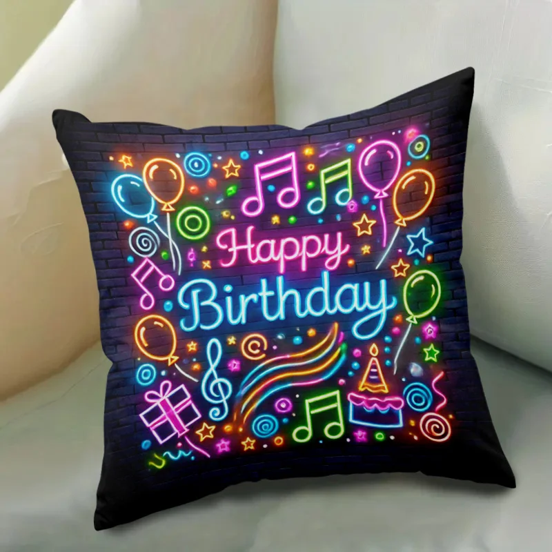 Neon Happy Birthday Pillowcase, Colorful Party Cushion Cover, Music Note Balloon Print, Festive Home Decor, Gift for Celebration