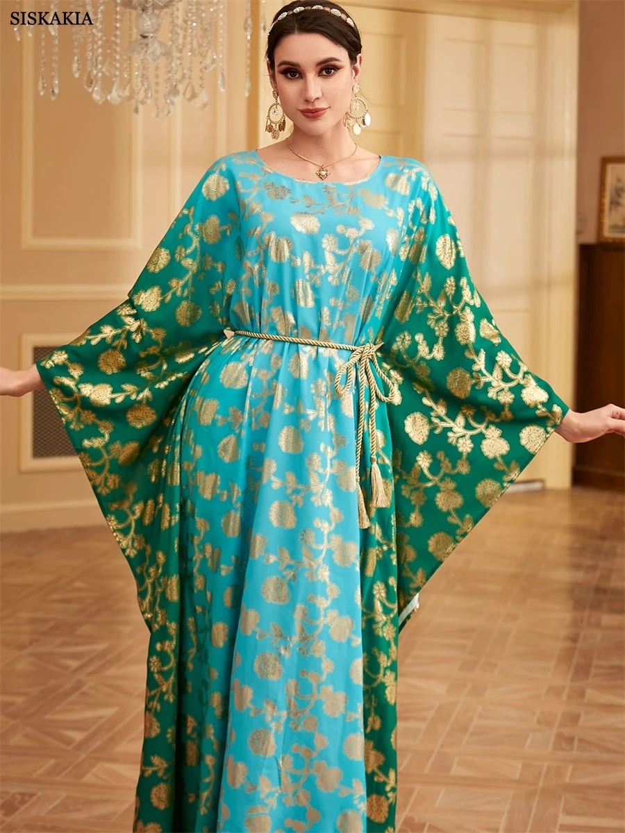 Siskakia Elegant Casual Saudi African Women Homewear Dresses Printing Gold Stamping Belted Batwing Sleeve Abayas Turkish Kaftan