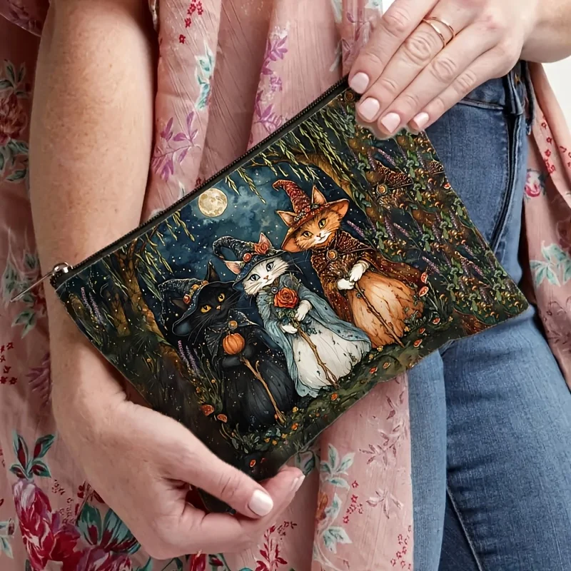 1 Stück Retro Night Cat Wizard Make-up-Tasche, doppelseitig bedruckt, langlebig und faltbar, Reiseaufbewahrung, skurrile Halloween-Design-Tasche – Detail 2