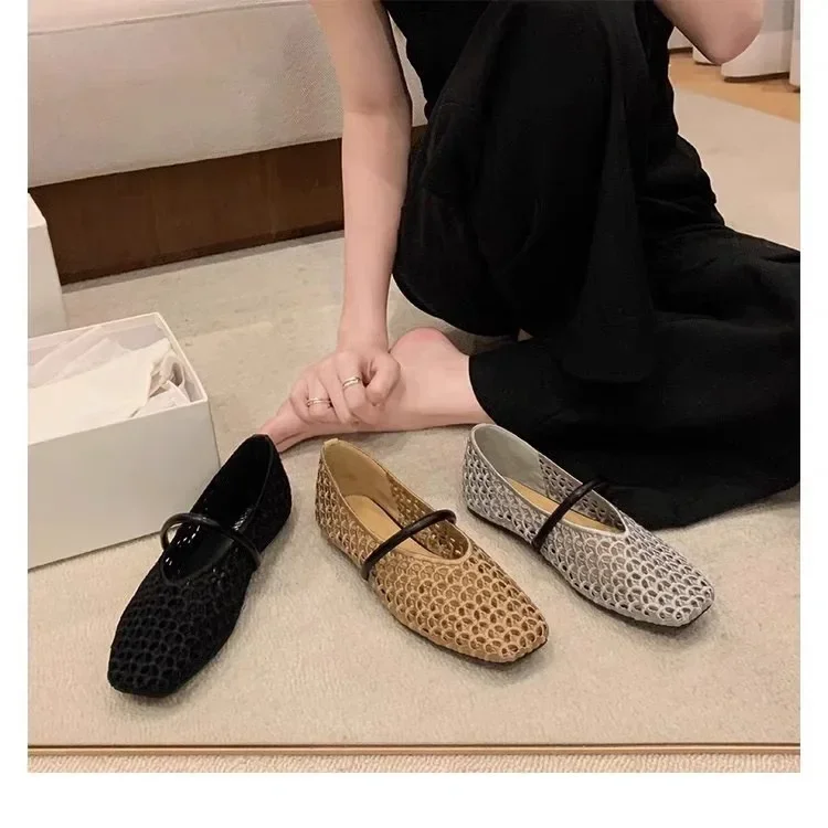 Square Toe Hollow-out Woven One-Strap Versatile Soft Slip Single Shoes Women's Soft Sole Non-Slip Flats 2026