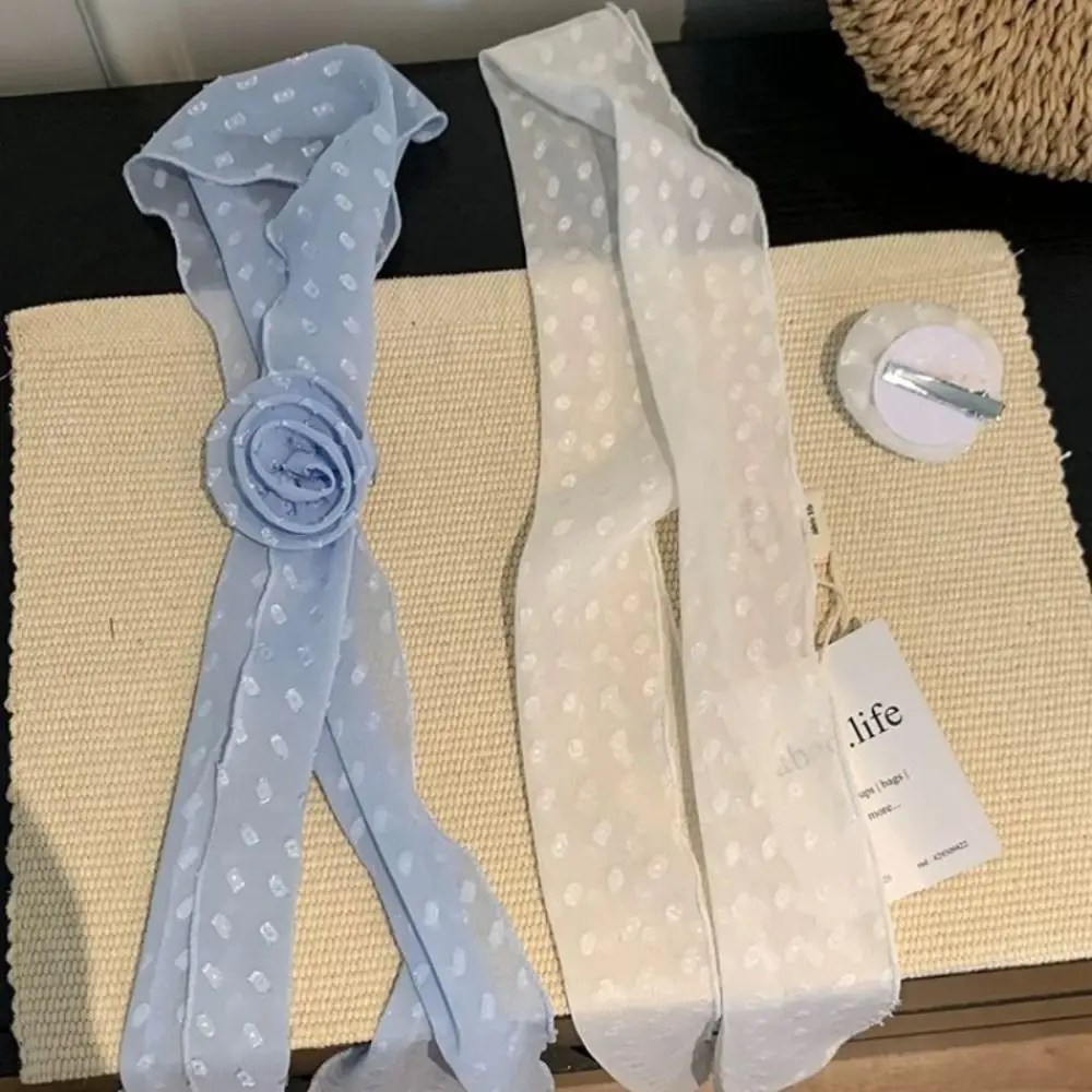 Detachable Design Chiffon Scarf Thin Material Narrow Shape Polka Dots Scarf Versatile Style Rose Decor Neck Scarf