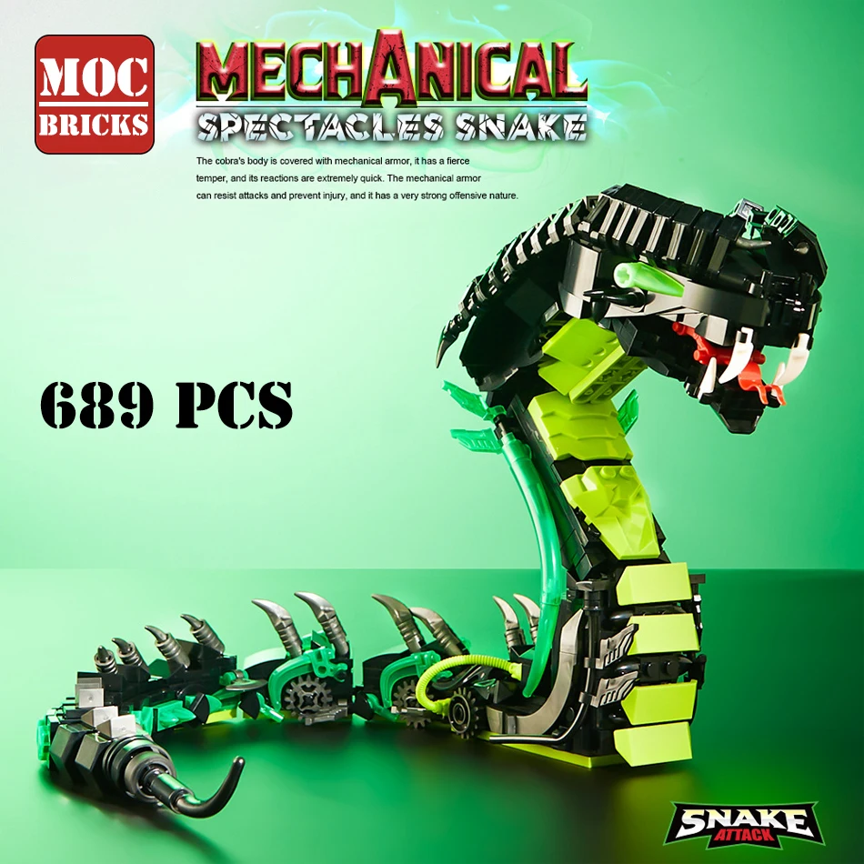 

689Pcs City MOC Steampunk Mechanical Cobra Model Bionic Animals Snake Building Blocks Set with Lighting DIY Bricks Toy Kids Gift