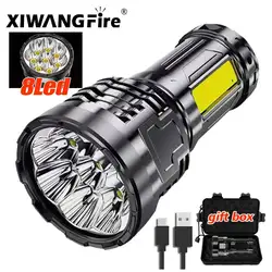 LED Powerful Flashlight With 8 Lamp Beads Super Tactical Light With COB Side Lamp Camping Lantern USB Rechargeable Outdoor Torch