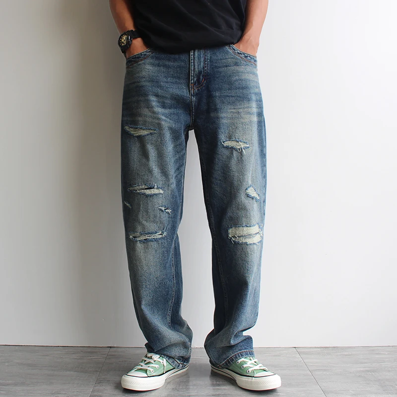 

Autumn Distressed Patchwork Men's Jeans Straight-Leg Loose Fit Large Size Trendy Casual Washed Heavyweight Denim Pants for Fall