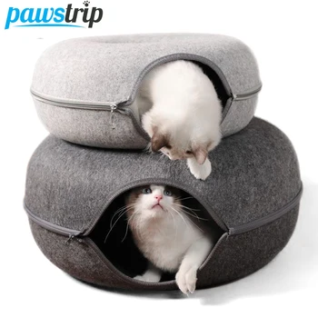 Cama de gato donut para 2 gatos, túnel de brinquedo para gato de estimação, cesta de casa de gatinho, brinquedos interativos para gatos, feltro natural, ninho de caverna de coelho