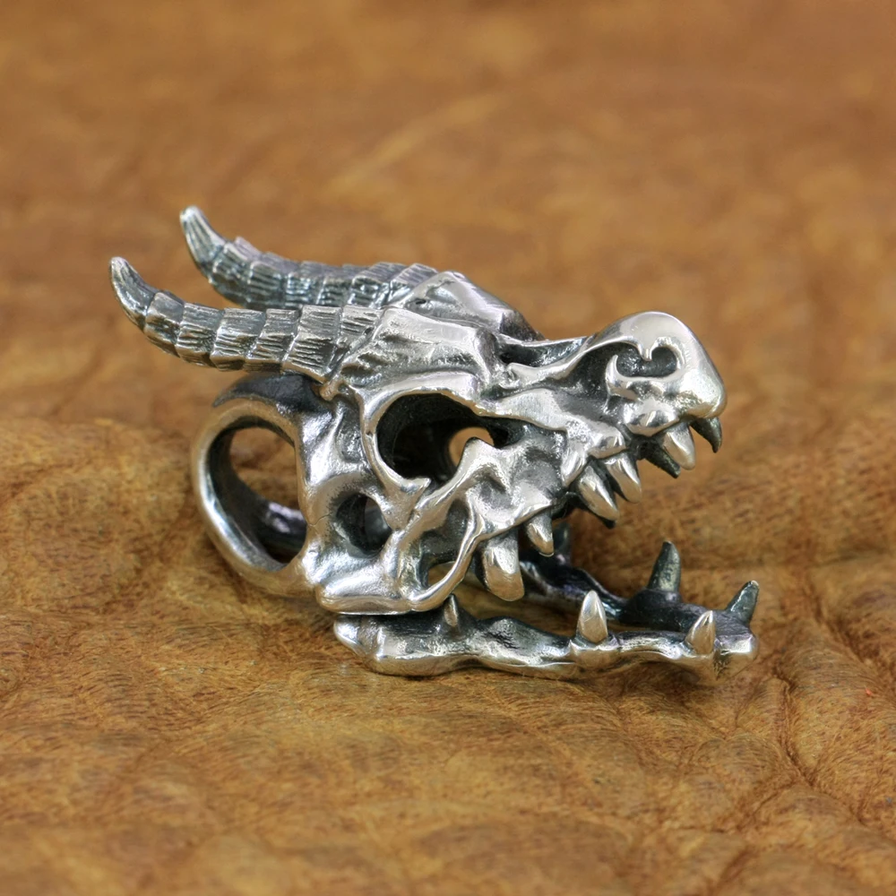 925 Sterling Silver Dragon Skull Pendant Jaw Openable Mens Biker Pendant TA51