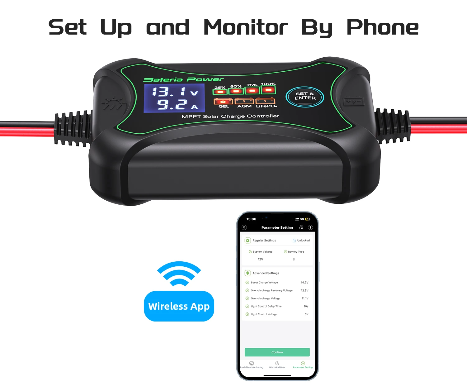 Imagem -04 - Controlador de Carga Solar sem Fio Mppt 10a com bt Bateria de Energia 12 Volts Telefone App Controle Inteligente Regulador Solar com Lcd