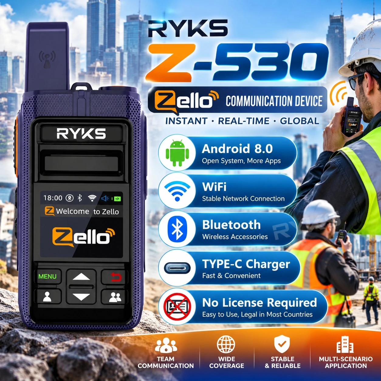 Android 8.0 4G Poc Walkie Talkie Ptt Radio Wifi Bluetooth Type-C Charging No License Required Network Communication Device