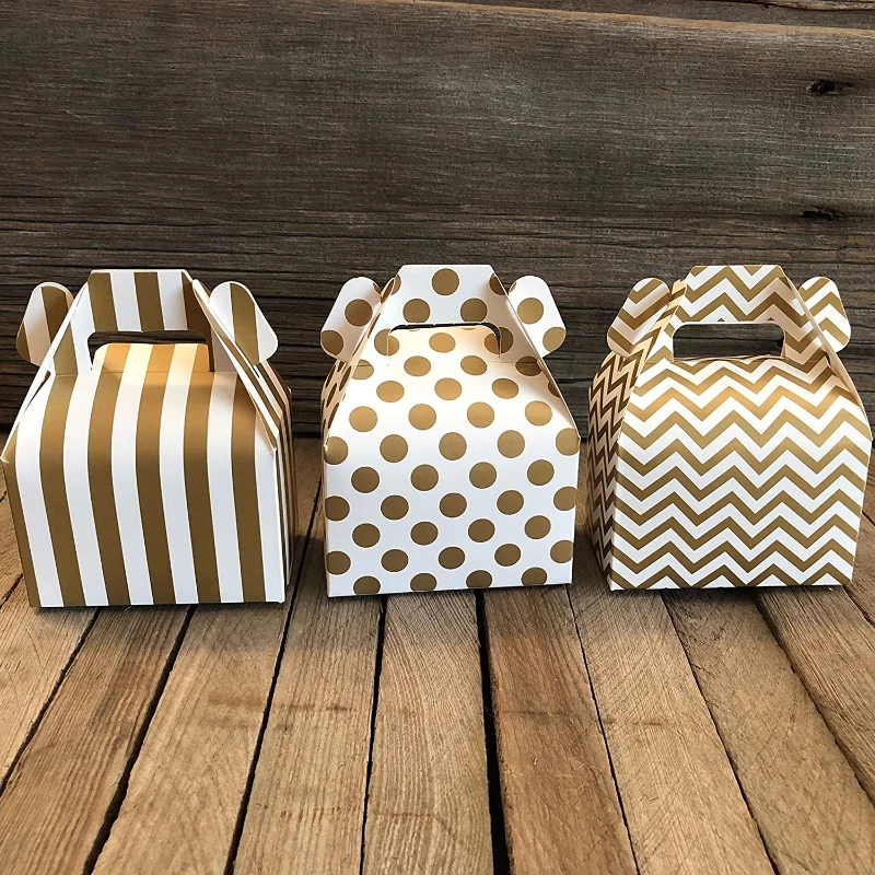 Chevron Stripe and Polka Dot Paper Gable Favor Boxes Gold White