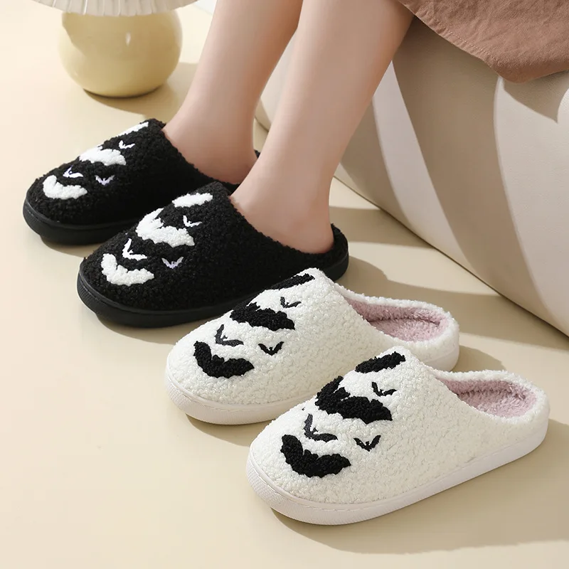 Halloween Bat Pattern Home Thick-soled Cozy Furry Cotton Slippers Personality Warm Non-slip Indoor Slippers Men Women Can Wear