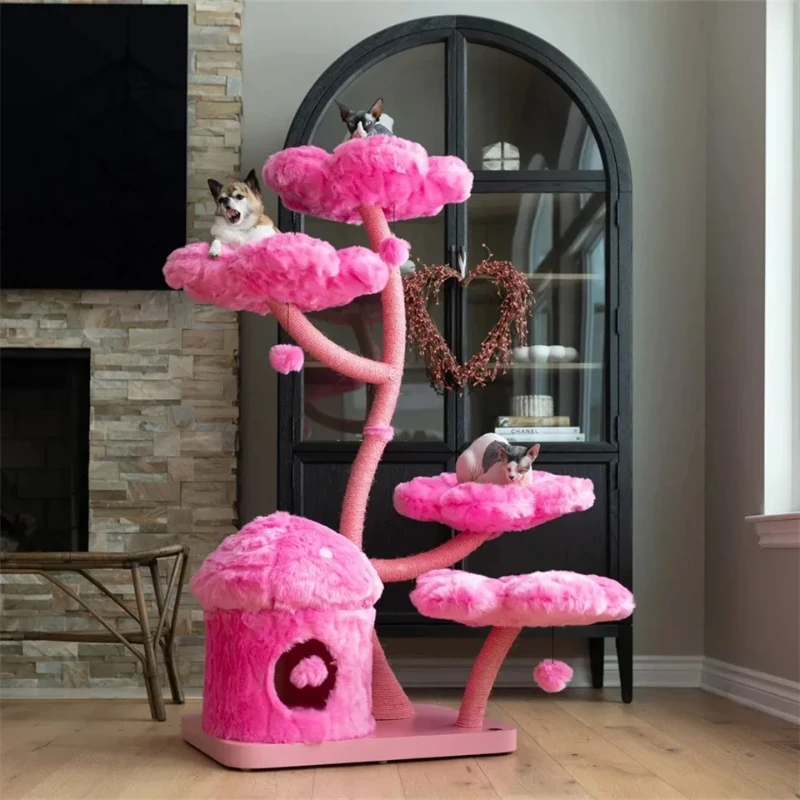 Pink Modern Cat Tree Tower Wooden Flower Cat Tree Wood Floral Cat Climbing Tree Tower For Scratcher Christmas