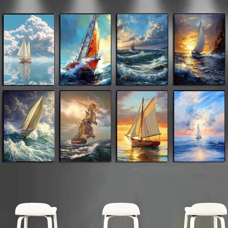 Póster Retro de ola de mar y velero, pintura al óleo de paisaje marino minimalista, impresiones en lienzo, pinturas de pared, decoración del hogar para sala de estar y dormitorio