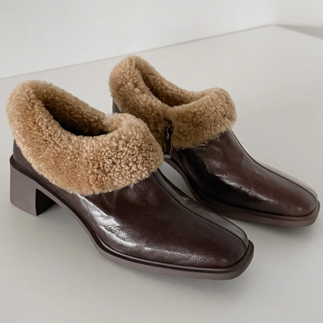 

Женские зимние теплые туфли-лодочки из овчины в стиле пэчворк с боковой молнией, элегантные женские туфли на среднем каблуке толщиной 5 см, повседневные тонкие модельные туфли на каблуке, распродажа