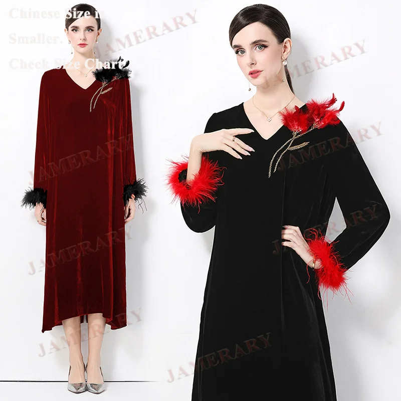 

Легкое роскошное бархатное платье с v-образным вырезом, женское элегантное платье с перьями и 3D цветами, с длинными рукавами, свободная трапециевидная одежда, осенне-зимняя одежда, платья миди