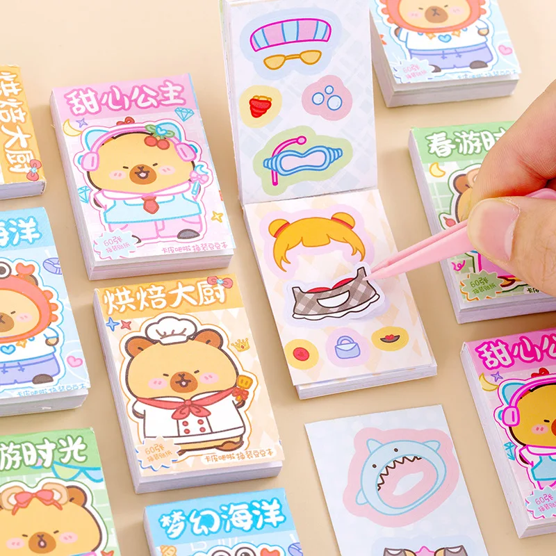 12 Pcs 3.7*5.5cm 60 Sheets Redress Sticker Kapibara Bean Book Mini Portable Pocket Book Cute Cartoon Pocket Sticker