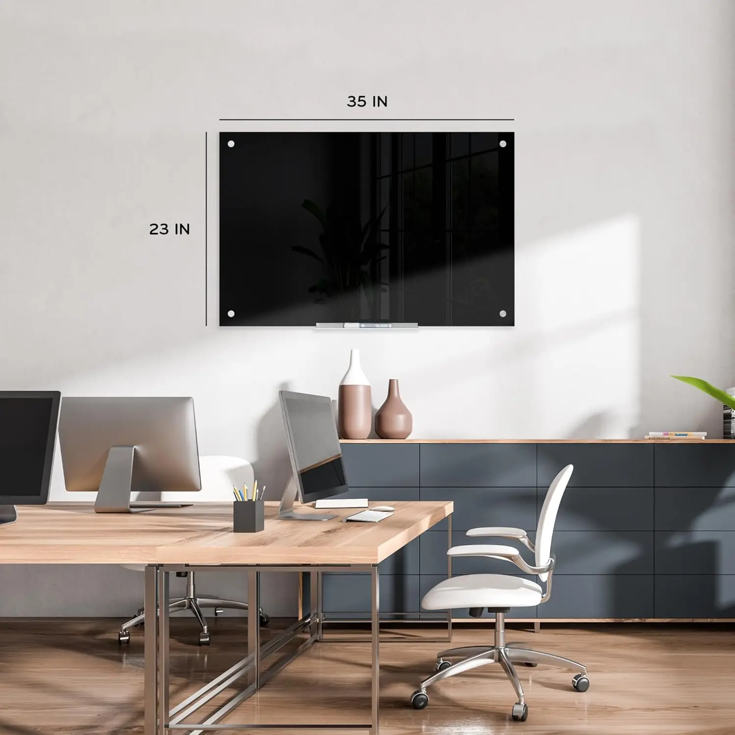 لوح مسح جاف من الزجاج الأسود مقاس 24 × 36 بوصة مع حلقات فضية، تصميم بدون إطار يتضمن قلم تحديد وممحاة #2