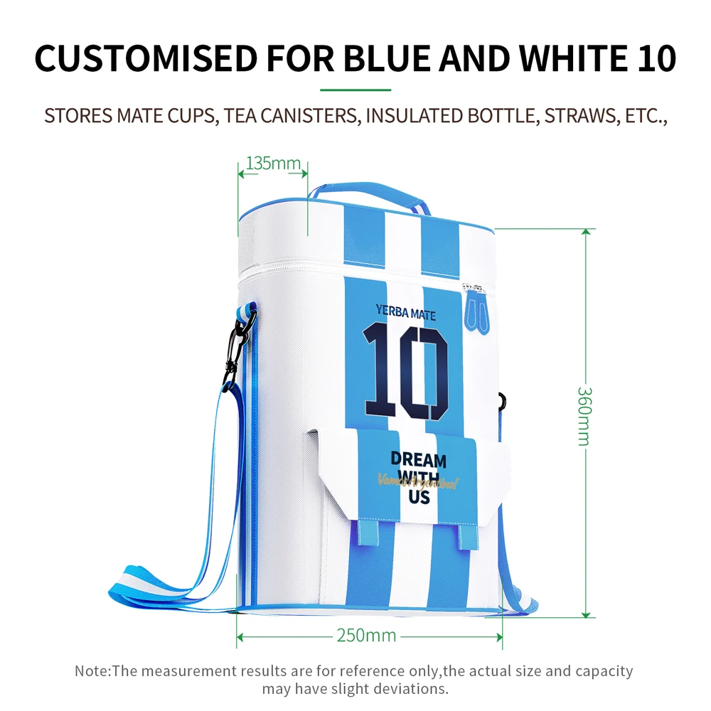 CUOPRU Argentina Football Captain No.10 Style Matera Bag, Premium Waterproof 2 Wine Bottle Pockets Portable Bag for Mate