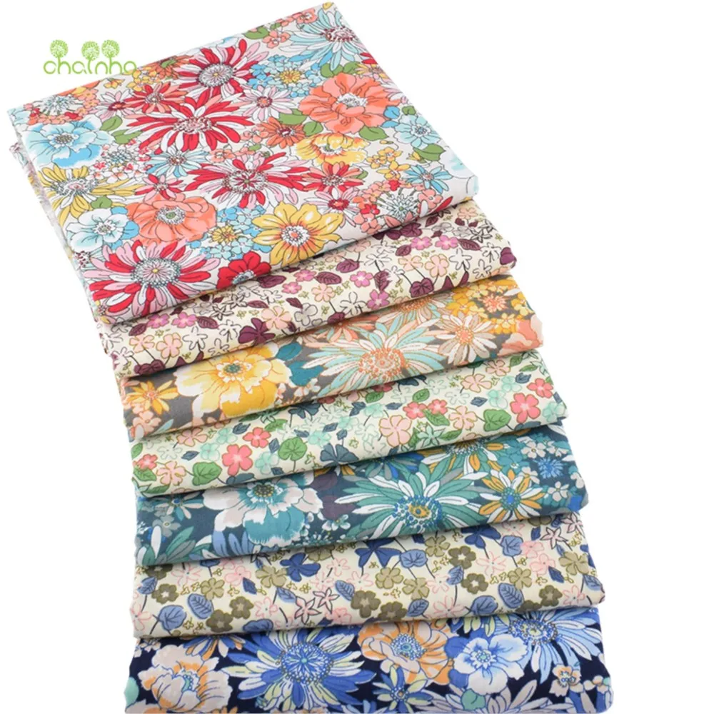 Chainho,Printed Plain Weave Poplin Cotton Fabric,DIY Quilting Sewing Material,Patchwork Cloth,Floral Series,4 Specification,PC87