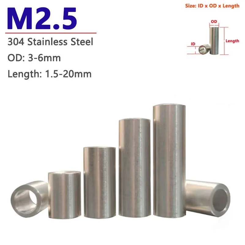 M2.5 Unthreaded 304 Stainless Steel Bushing Washer Gasket  Round Hollow Standoff Spacer Sleeve OD 3-6mm Length 1.5-20mm