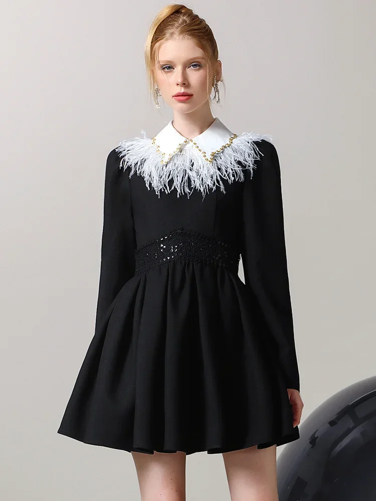 Elegant Black Dress Women Autumn and Winter 2023 New Chic Feather Polo Collar Long Sleeve Slim Waist Slimming Pleated Dress Lady