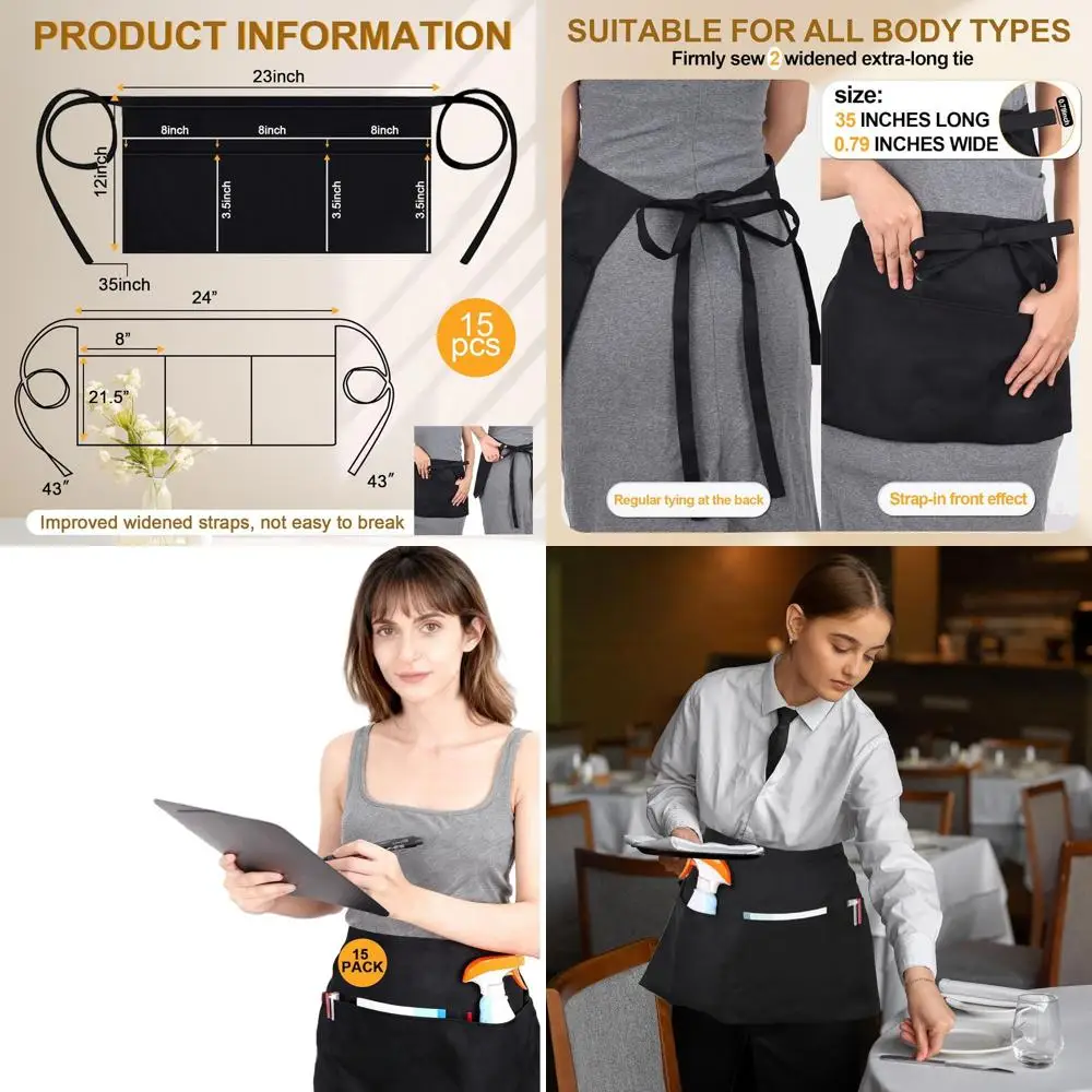 

Extended Waist Strap, 15-Pocket Black Half Apron for Waitstaff, Unisex Design