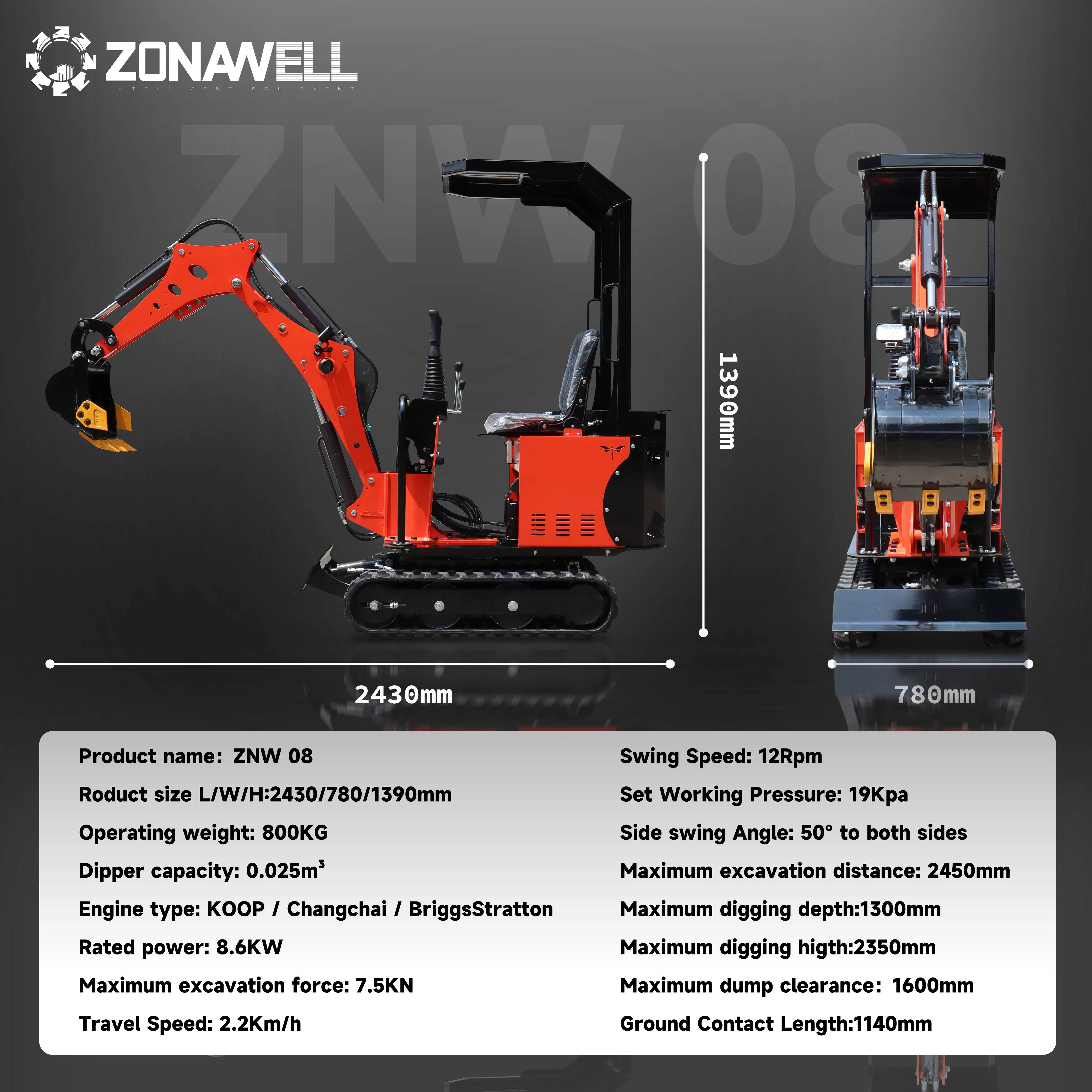 Mini excavator dengan mesin KOOP, Changchai, Briggs Stratton buatan China, terjangkau dan hemat biaya, dengan berat 0,8T