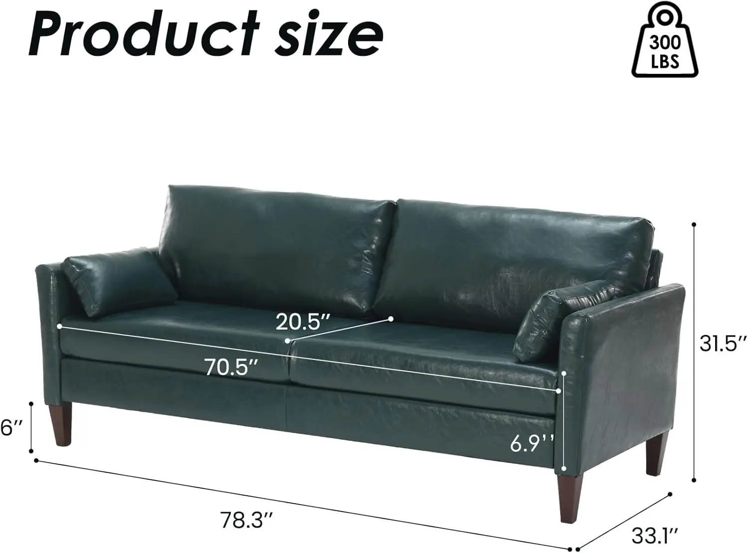 78 Inch Faux Leather Couch for Living Room Sofas, Dark Green