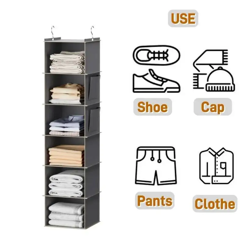 

Organizer And Storage, Foldable 6-Shelf Closet Hanging Storage Shees With 2 Hooks For Shoe Cap Clothes Pants