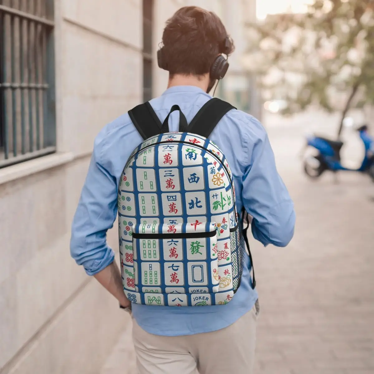 Mahjong Tiles On Blue Student Backpack School Bag Hiking Travel Daypack for Men Women Bookbag Shoulder Bags