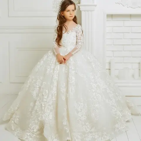 Luxurious White Long Sleeve Flower Girl Dresses For Wedding Prom Party Girls Pageant Lace Floral Appliques First Communion Gowns