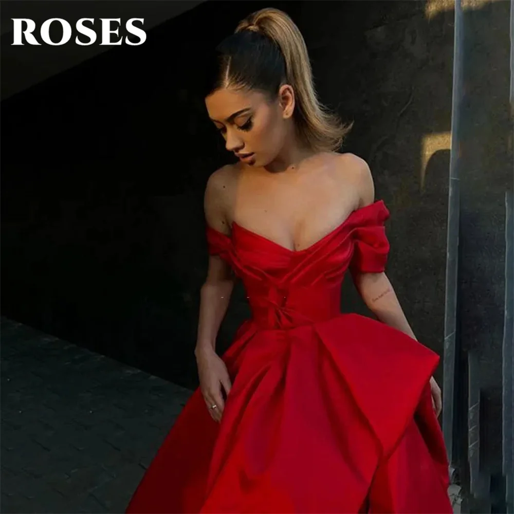 ROSES Red A Line Prom Dress V Neck Off the Shoulder Celebrity Dress Side Split Women's Evening Dresses Stain Formal Gown 프롬 드레스