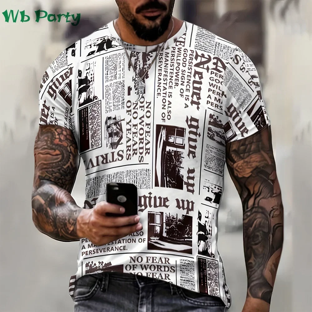 Men Summer Round Neck Short Sleeve T Shirt 3D All Over Print Vintage Newspaper Letter Polyester Graphic Tops