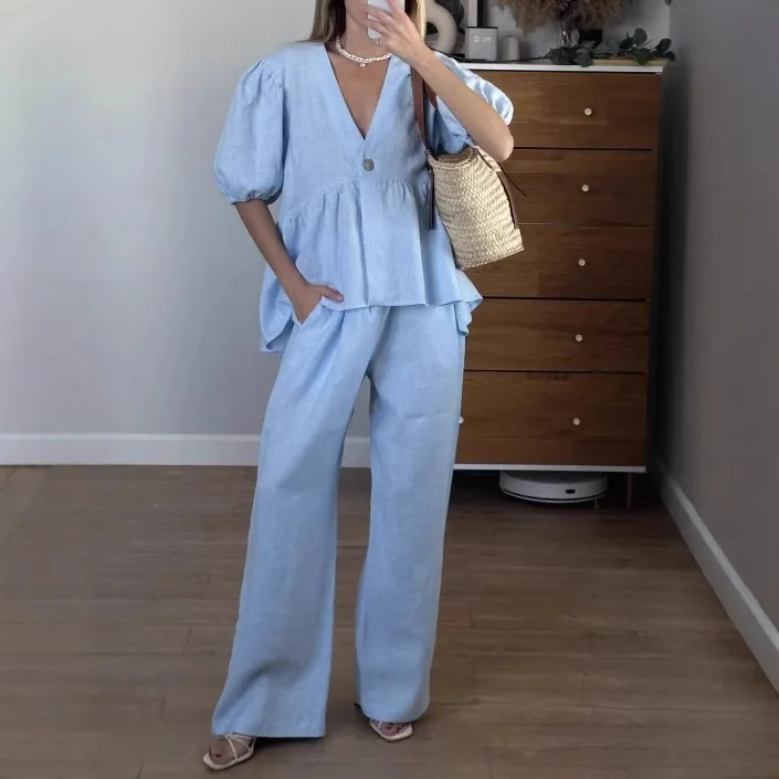 

New Sweet Solid Color Two-Piece Set for Spring and Summer, Pure Cotton V-Neck Top with Puff Short Sleeves and Long Pants