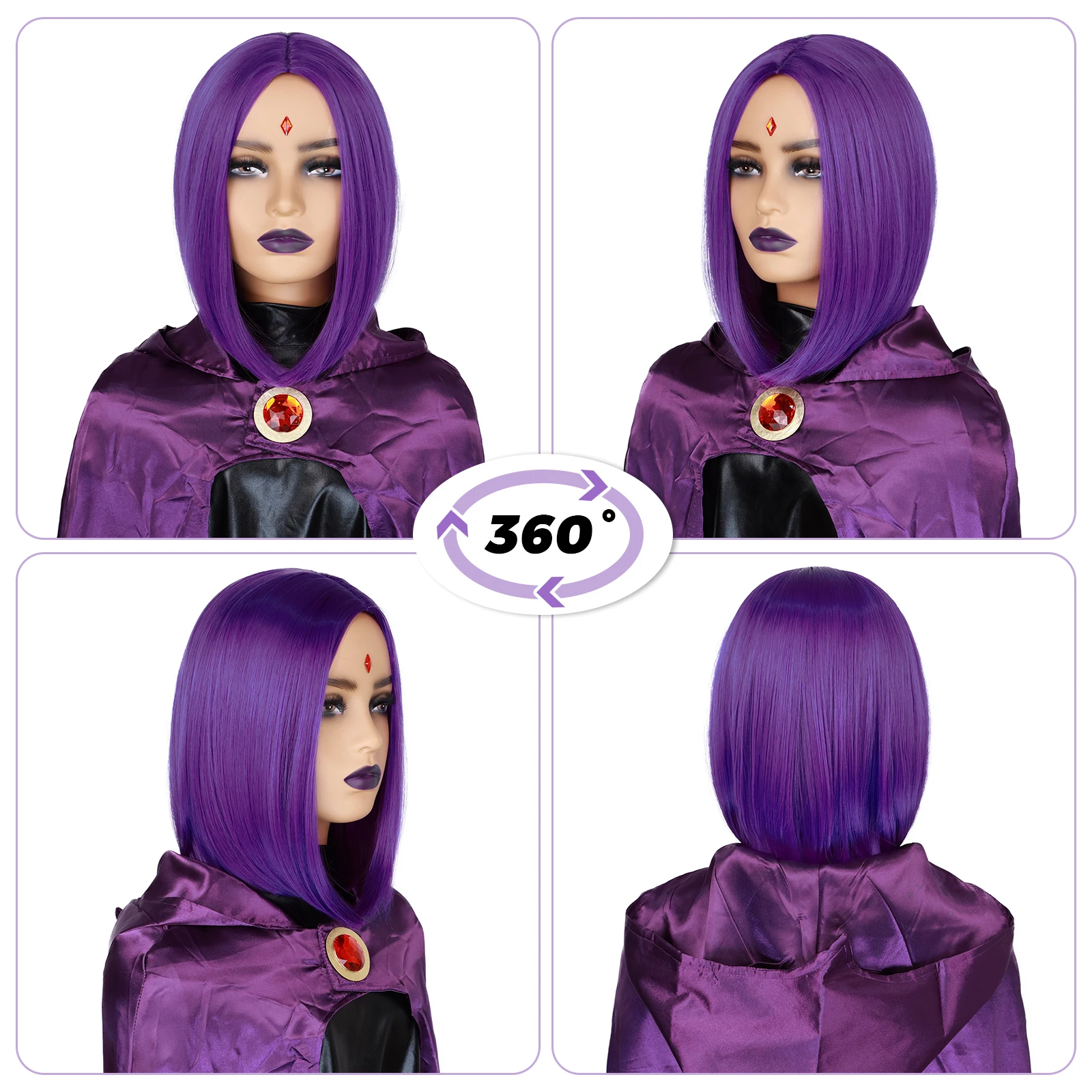 Women's Raven Superhero Purple Short Bob Straight Wig with 30Widow's Peak Synthetic Hair Cosplay for Halloween Costume Party image 4