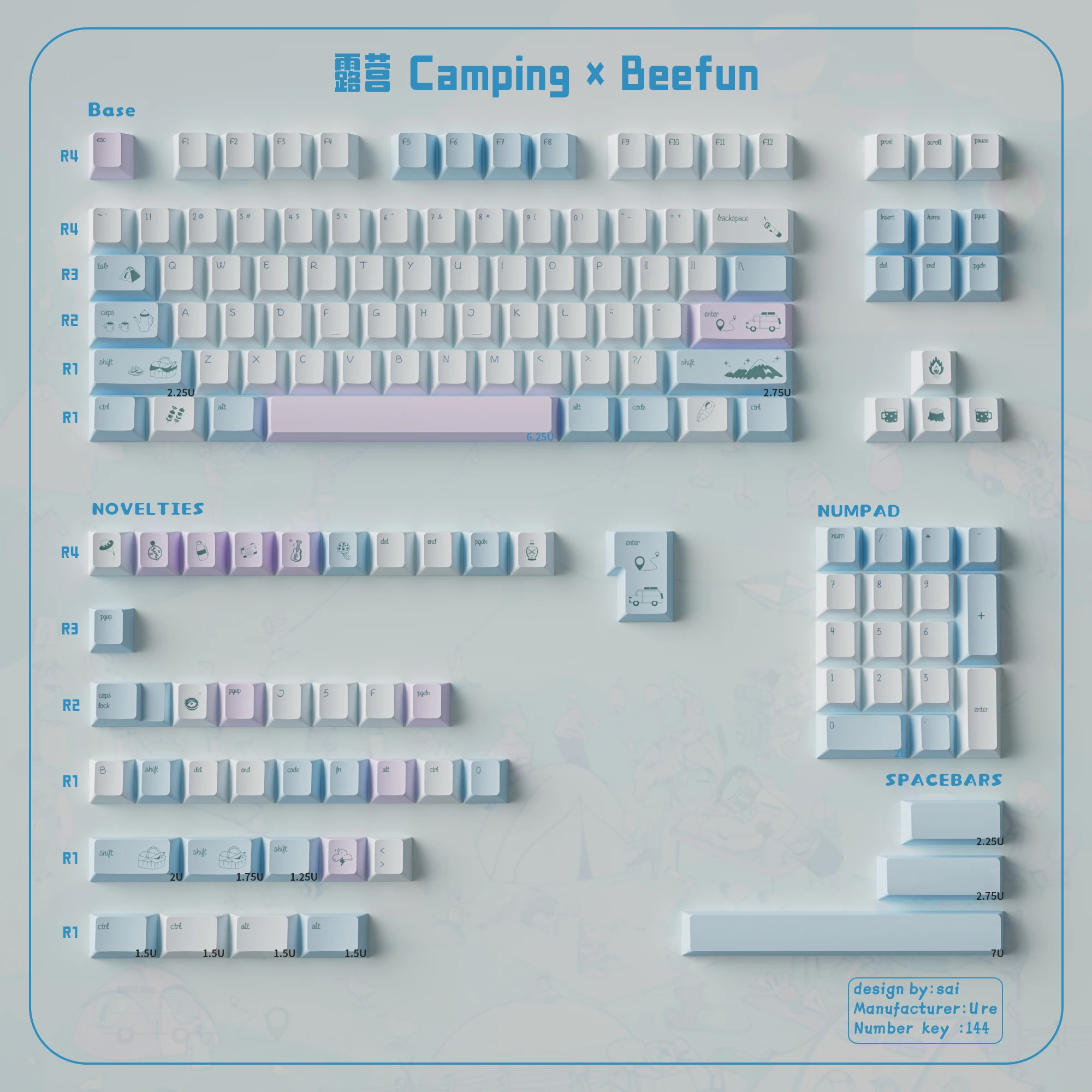 144 keys Camping theme keycaps Dye-Sublimation Cherry Profile PBT keycaps For MX Cherry 64/96/104/108 Mechanical keyboard