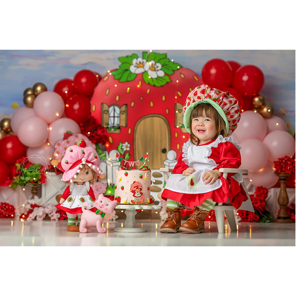 Berry First Birthday Cake Smash Photography Backdrop Red Strawberry House Photo Background Flowers Balloons Photo Studio Props