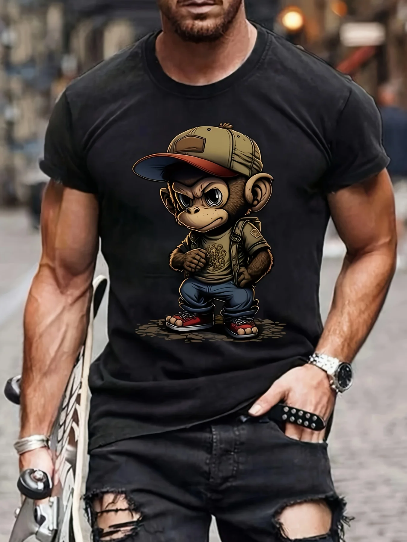 

Men'S Elegant Crew Neck Geometric Patterned Cotton Slight Stretch Summer Regular Fit T-Shirt