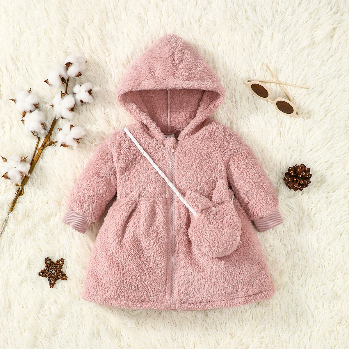 2pcs Toddler Baby girl Baby Hooded Plush Long sleeved Zipper Warm Jacket+Plush Bag 0-3 Year Baby Girl Winter Casual Loose Coat