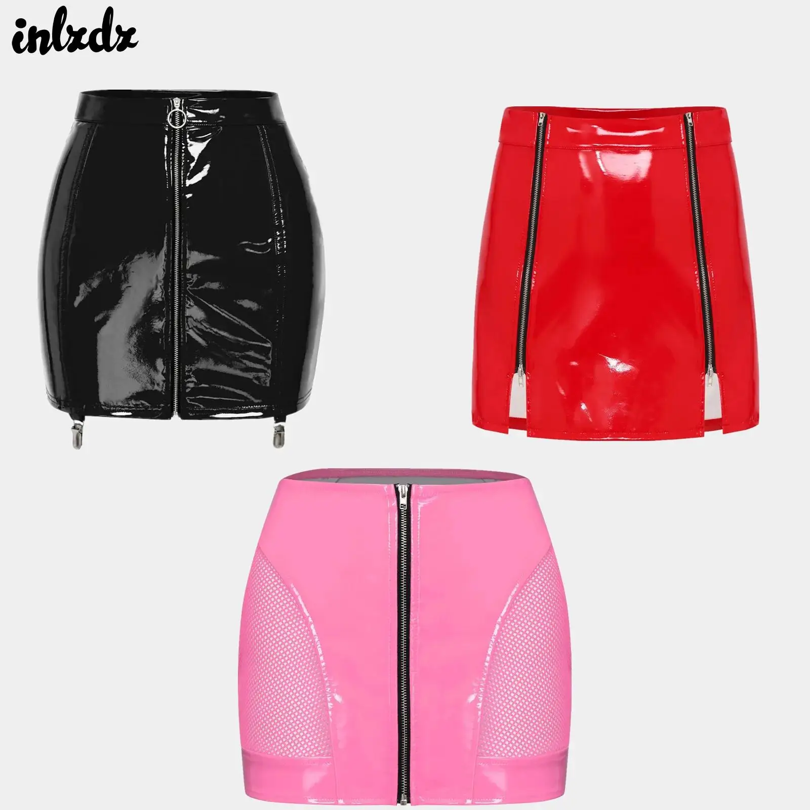 

Женская латексная мини-юбка из искусственной кожи с мокрым эффектом, молния спереди и сзади, прозрачная кружевная лоскутная юбка с цветочным принтом и облегающая юбка на шнуровке Rave Clubwear