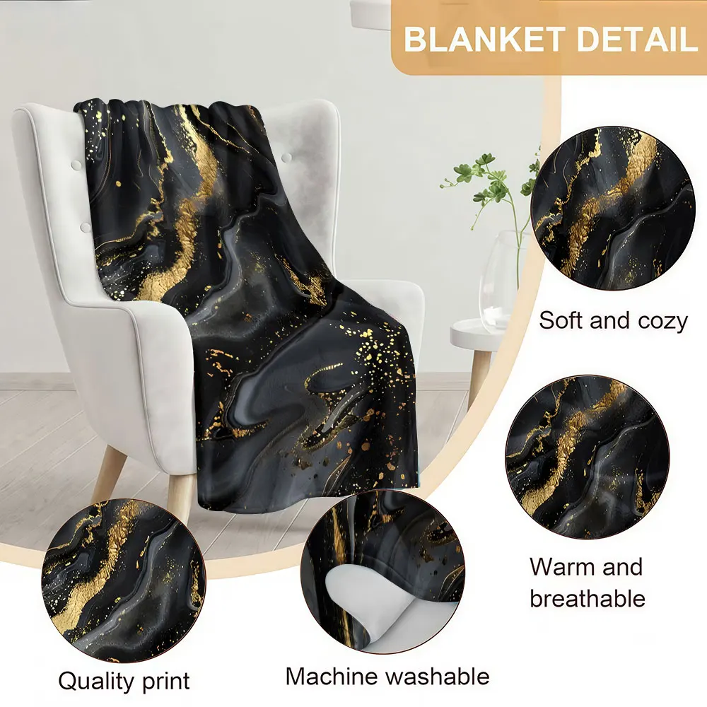 Black Gold Liquid Marble Soft Warm Flannel Blanket Lightweight Cozy Christmas Halloween Home Decor Room