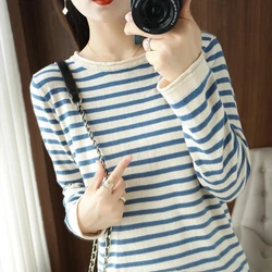 Women Sweater Cotton O-neck Long Sleeves Stripe Knit Pullovers Casual Spring Autumn Warm Jumper Basic Soft Bottoming Shirts