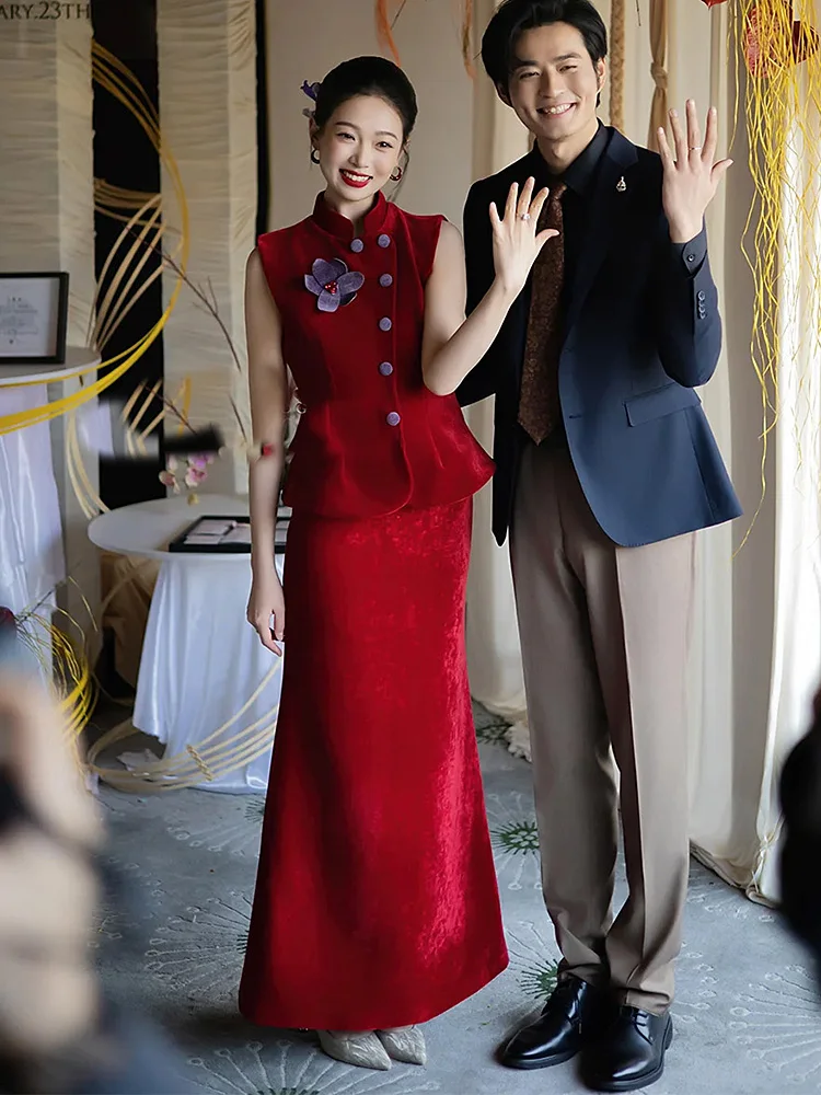 

Ele Red Wedding Dr Two-Piece Set New Chinese Sle Morning Robe for Women Engagement Ceremony Wedding Dr