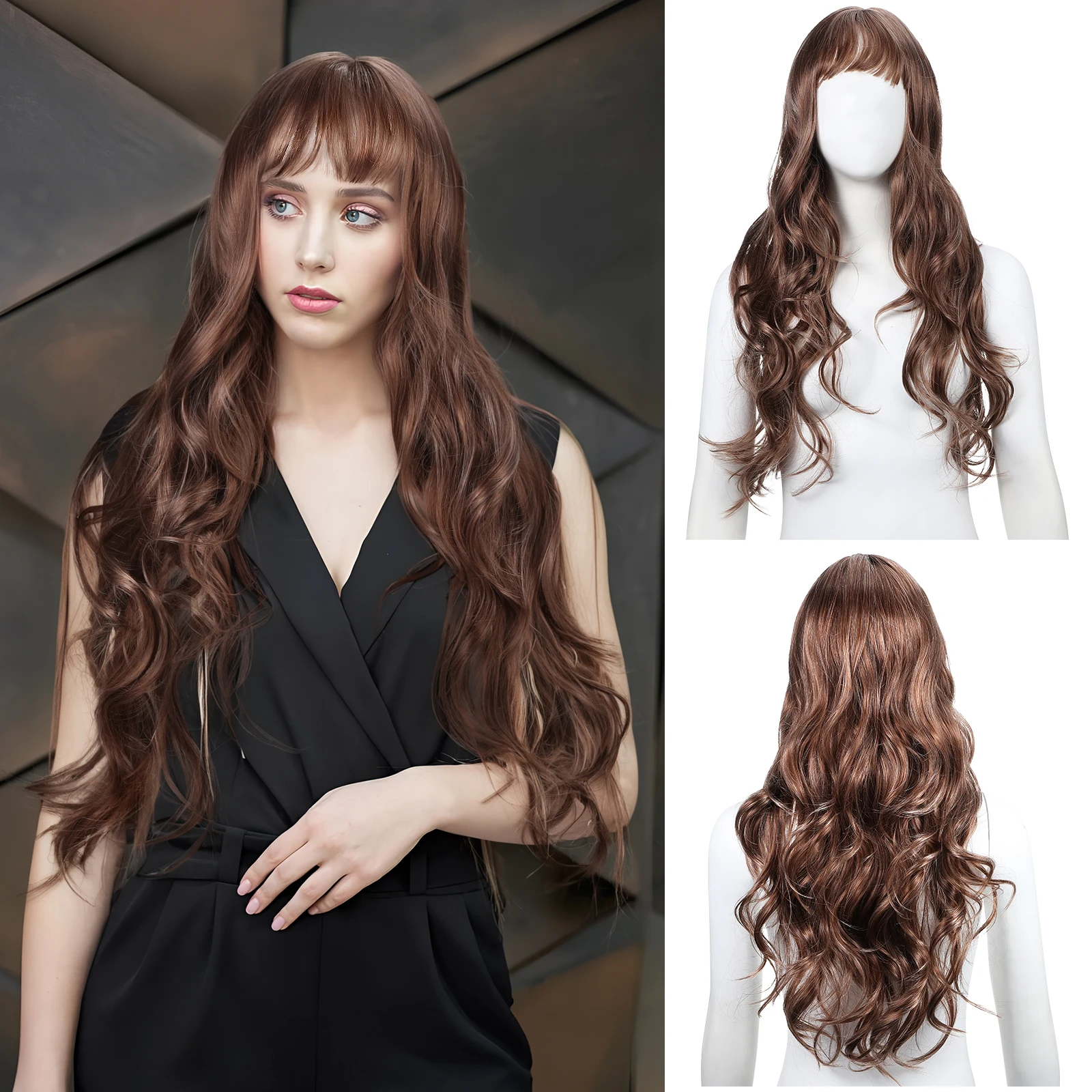 

Curly Long Wavy Synthetic Hair Bangs Natural Looking Replacement Women Party Daily Comfortable Lightweight Soft Inner Cap